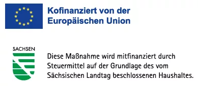 EU co-financing banner with the European Union logo and the Saxony logo, plus a German note that funds come from tax money per the Saxon Parliament’s budget.